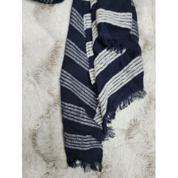 J Crew Cotton Blend White Blue Stripe Scarf Fringe Border - Picture 5 of 6